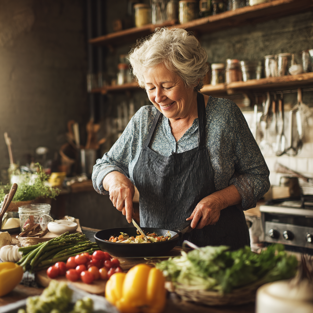 happy senior woman cooking nutritious food