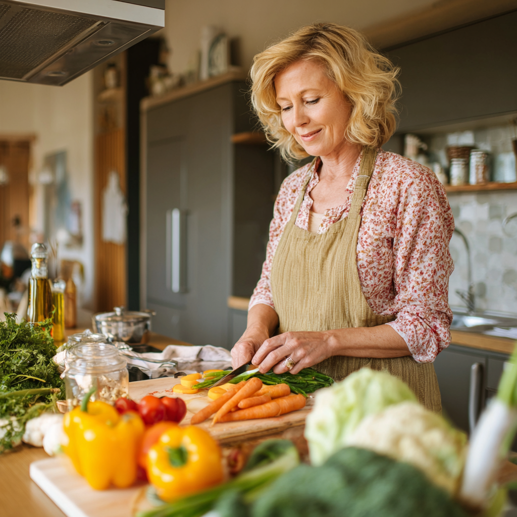 middle-aged woman preparing healthy meals in modern kitchen
